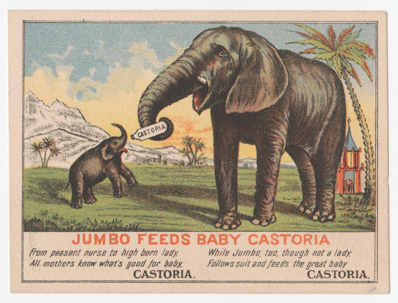 "Jumbo feeds baby Castoria" trade card