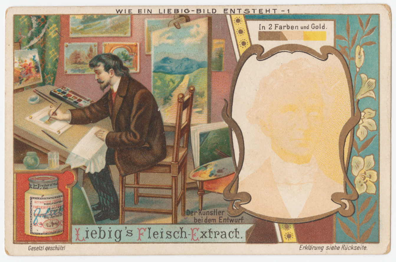 Artist in studio, step one of the chromo-lithography technique