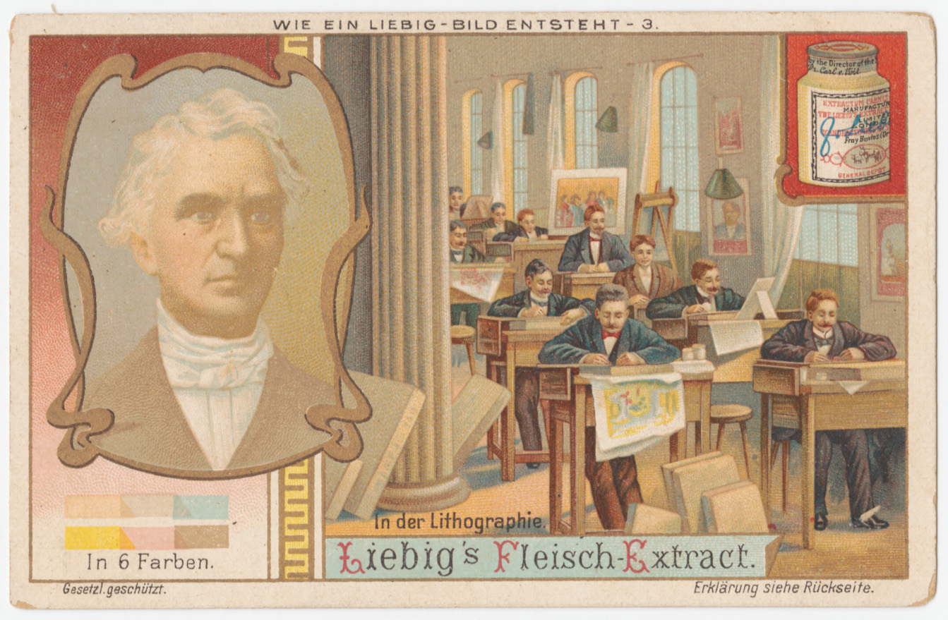 Lithographers at work in business suits, step 3 of the chromo-lithography technique