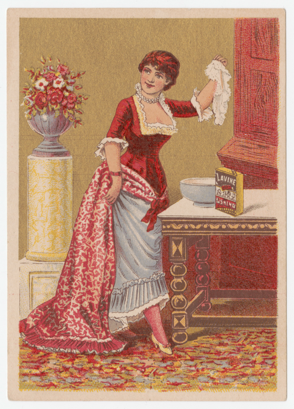 Trade card depicting woman cleaning her cabinetwork