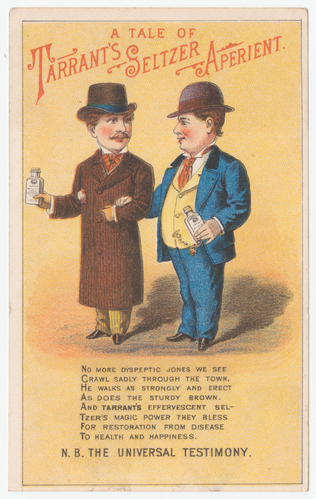 "A tale of Tarrant's Seltzer Aperient" trade card, depicting two men