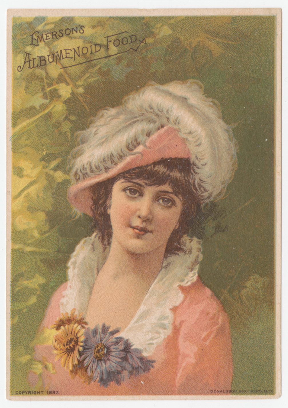 "Emerson's Albumenoid Food" trade card, depicting woman in hat