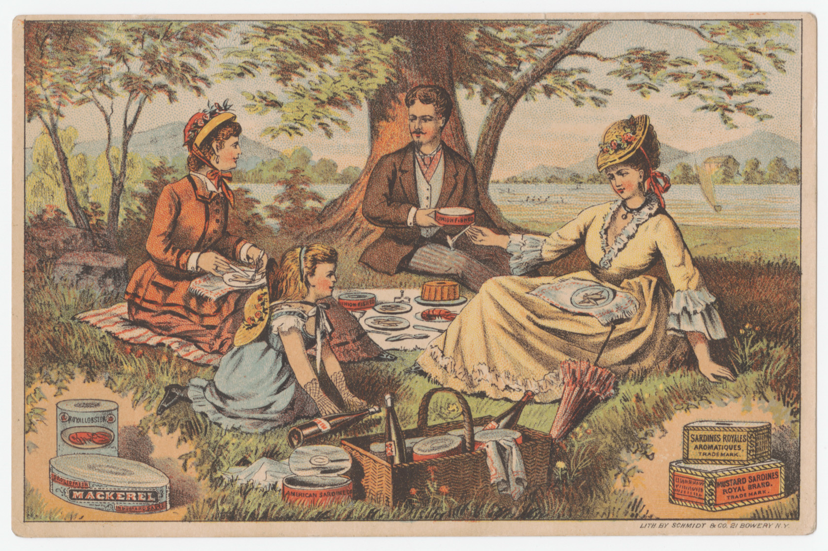 Trade card depicting Victorian family on a picnic