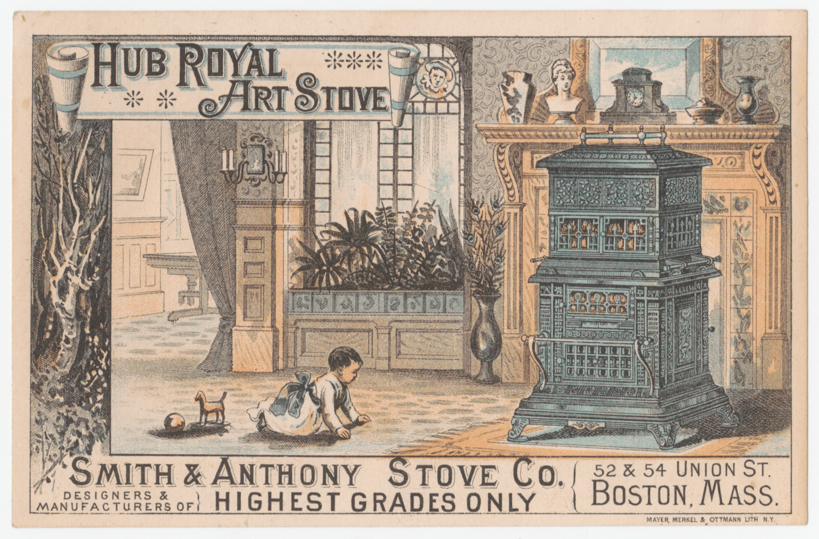 Hub Royal Art Stove trade card, depicting young child crawling near a stove