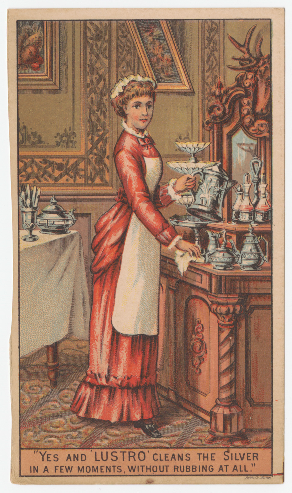 "Yes and Lustro cleans the silver" trade card, depicting woman cleaning silver