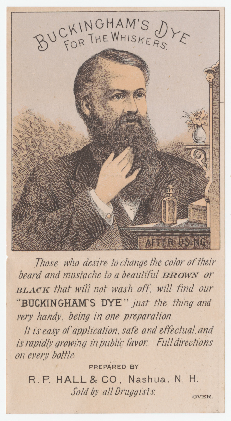 "Buckingham's Dye for the Whiskers," depicting a man with a colored beard