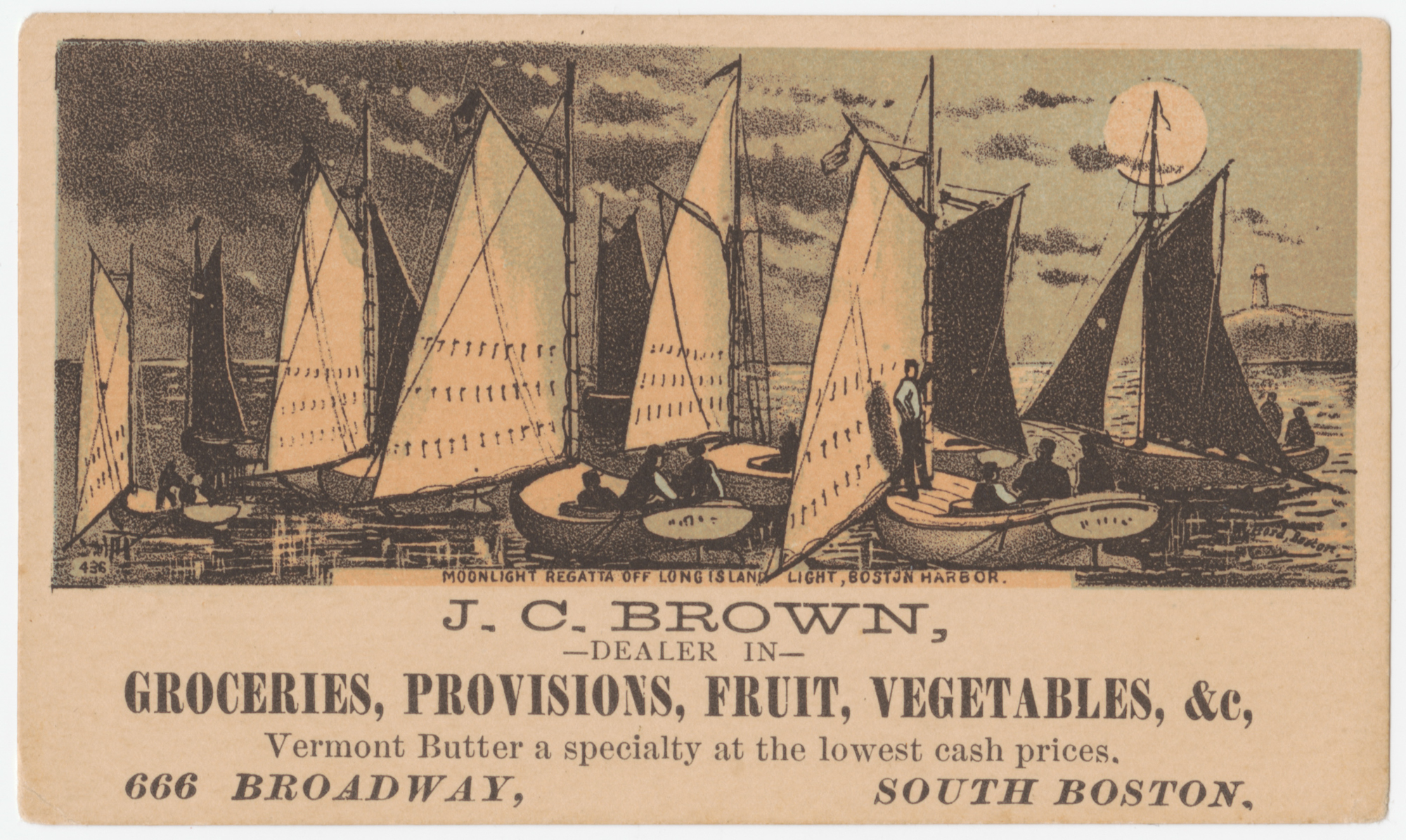 J.C. Brown trade card, depicting the moonlight regatta