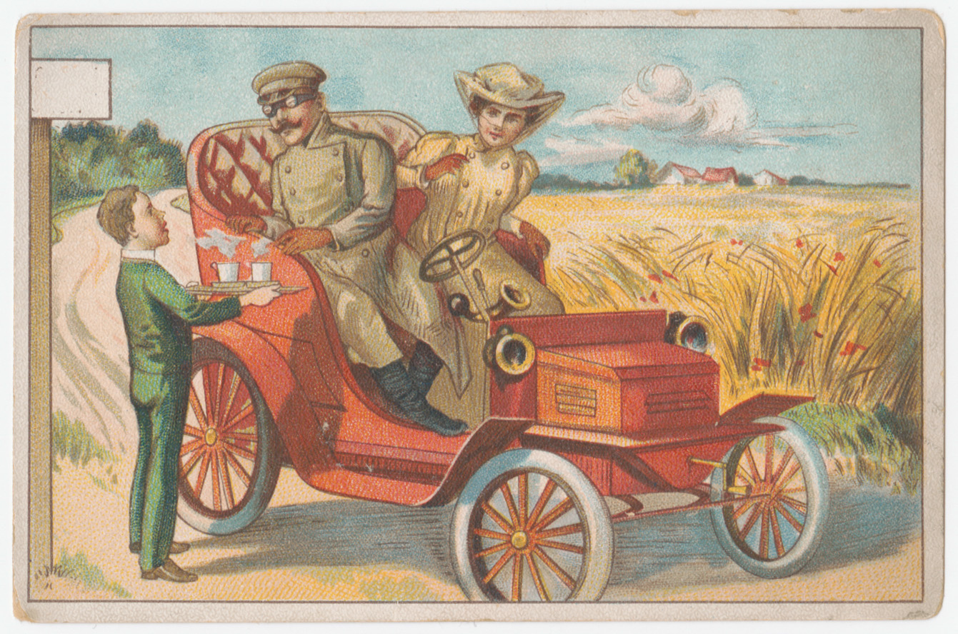Trade card depicting a motoring couple being served a hot beverage