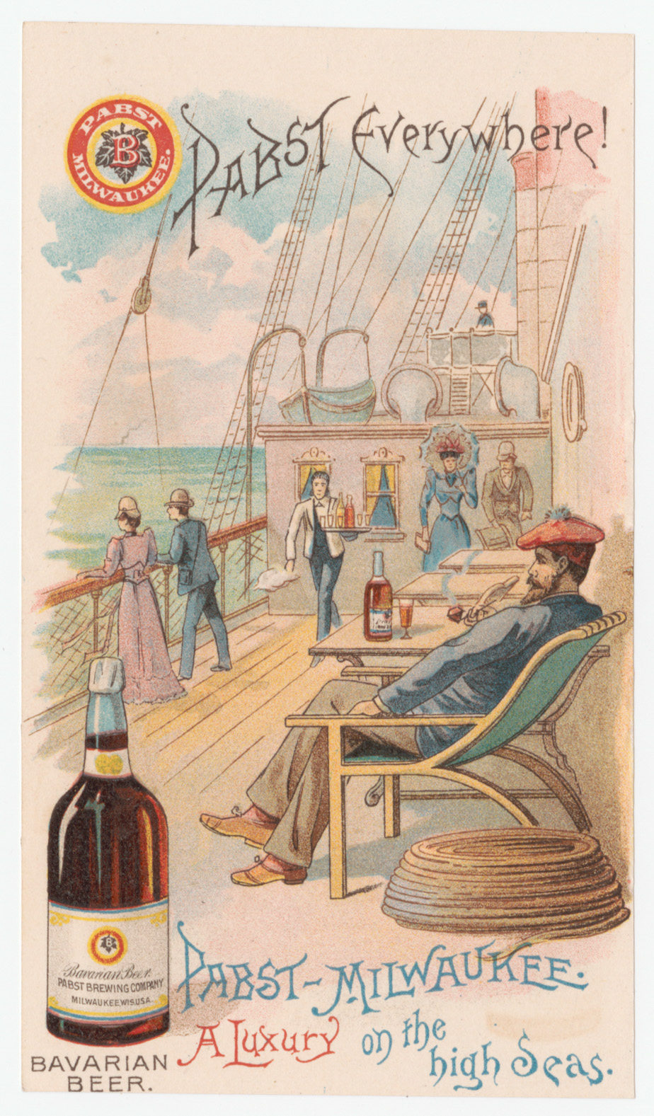 "Pabst Everywhere!" trade card, depicting ship deck