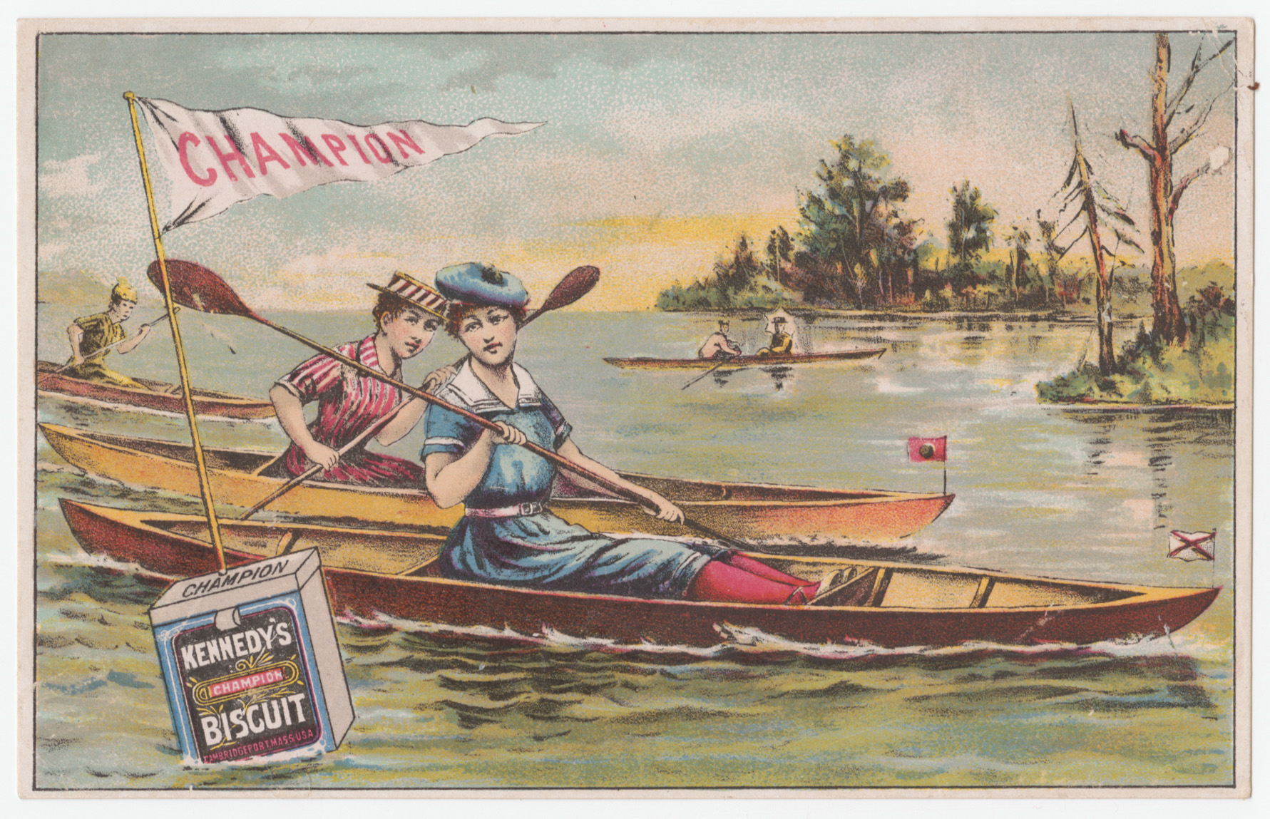 Trade card depicting women participating in the sport of sculling