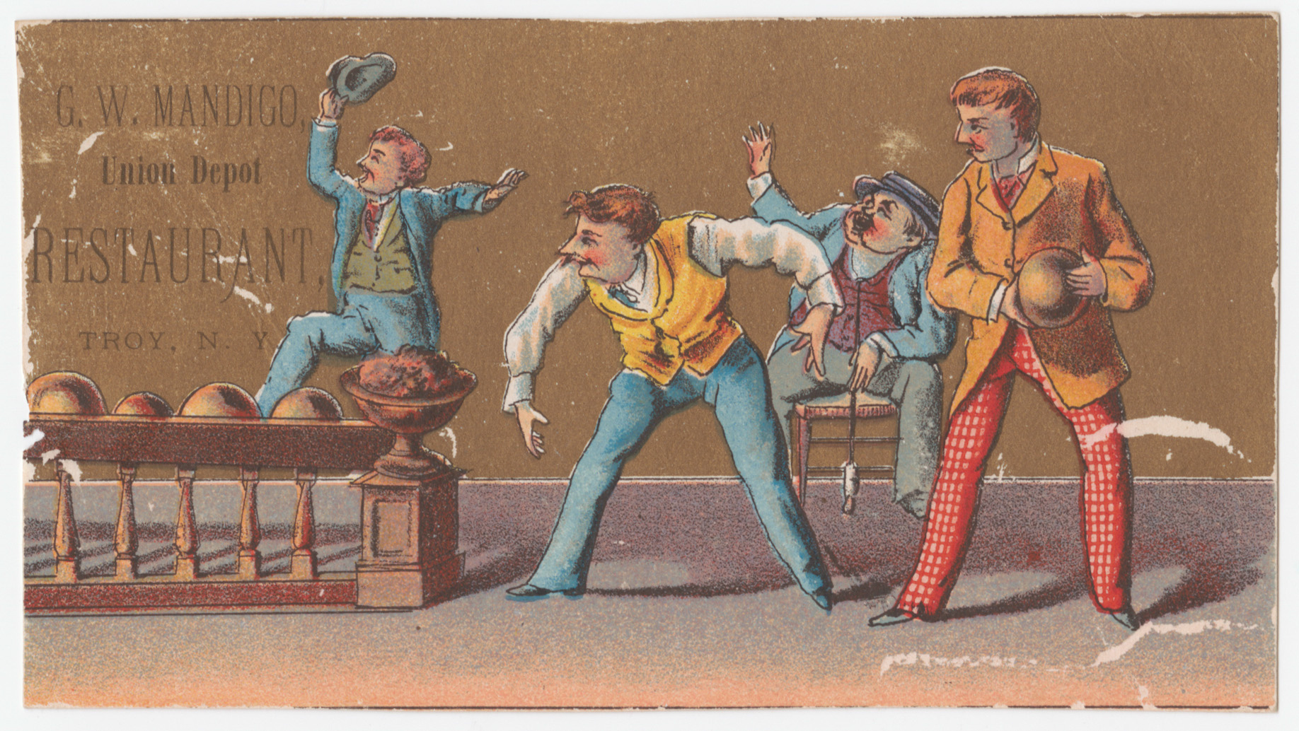 G.W. Mandigo, Union Depot Restaurant trade card, depicting indoor bowling