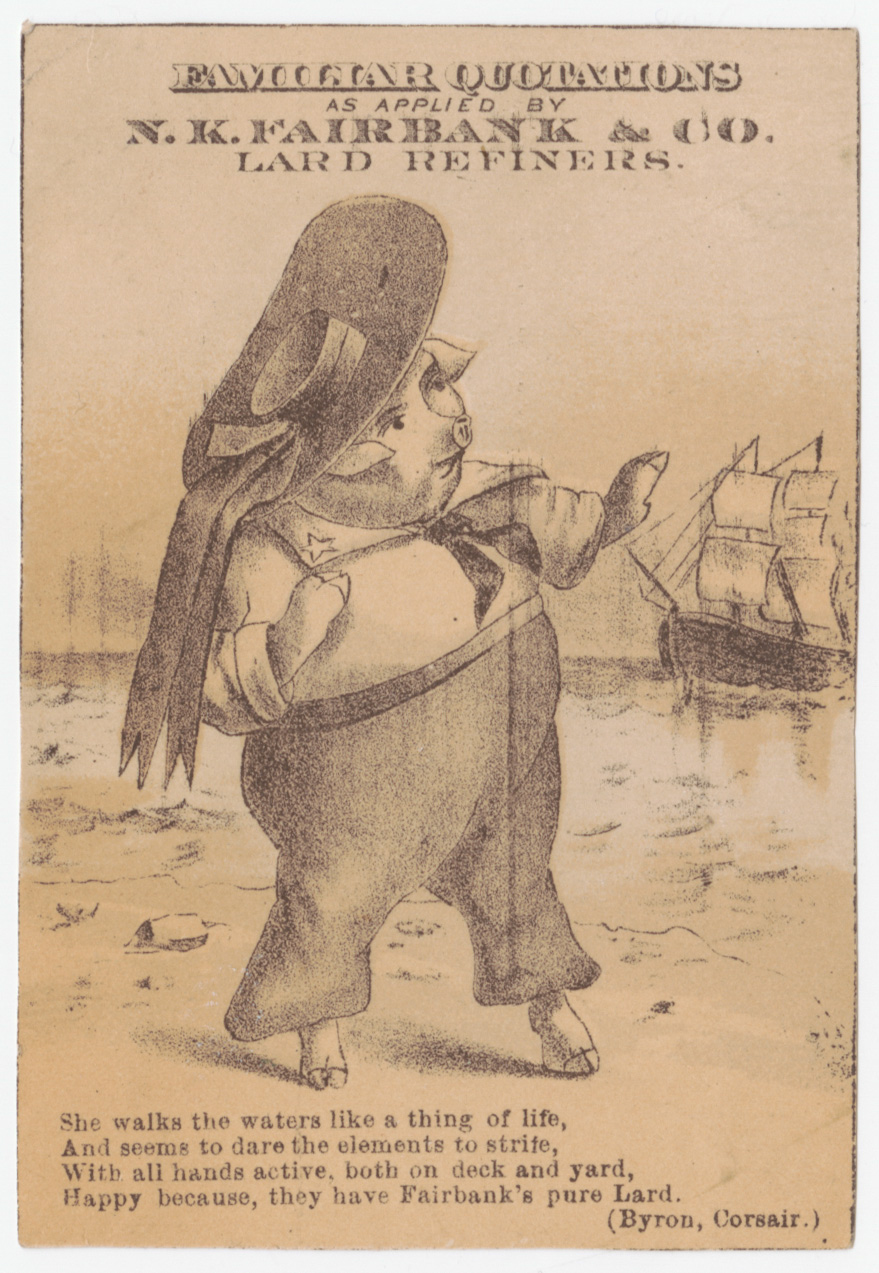 Trade card depicting pig as a sailor on a beach