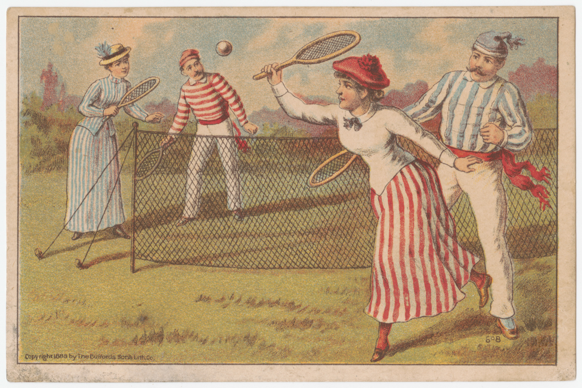 Trade card depicting mixed pairs in tennis