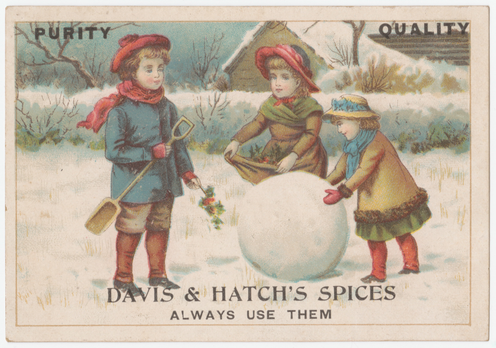 "Davis & Hatch's Spices: Always Use Them" trade card, depicting three children playing in the snow
