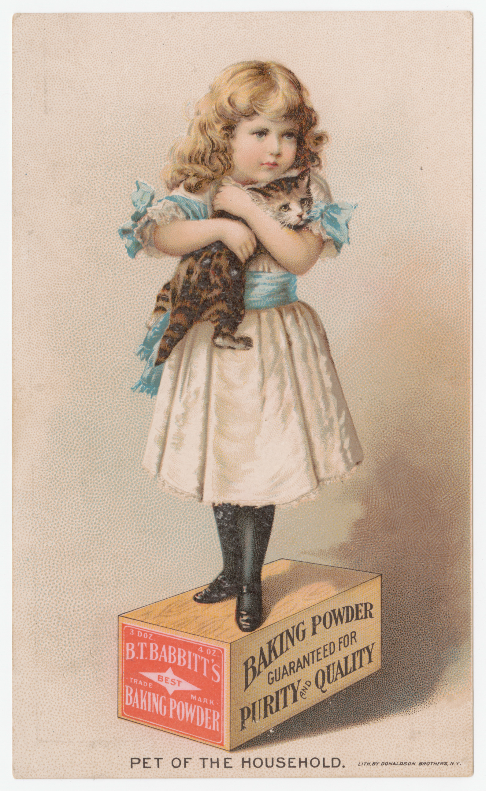"Pet of the Household" trade card, depicting a girl holding a cat