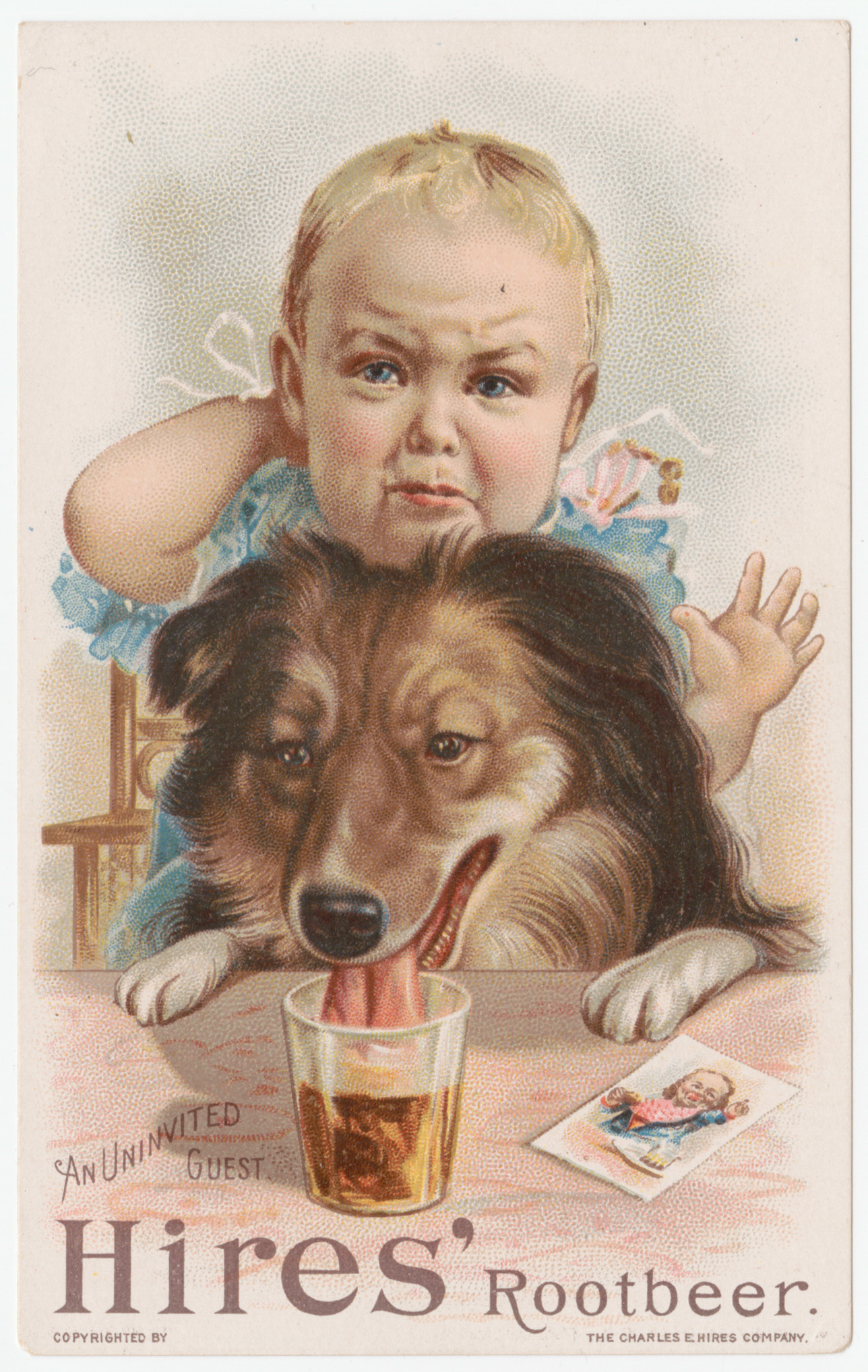 "An Uninvited Guest" trade card, depicting a dog stealing a baby's rootbeer