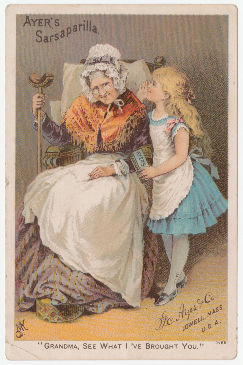 Trade card, depicting a granddaughter whispering to her grandmother