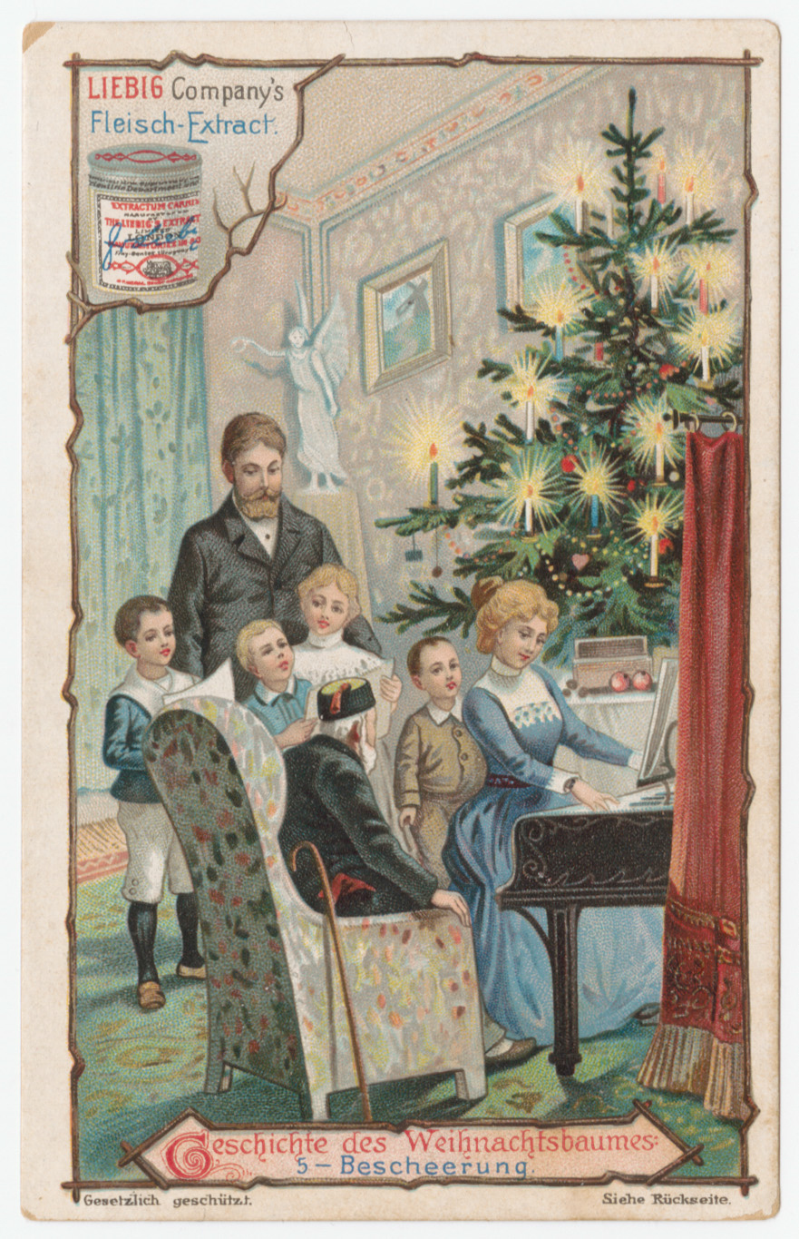 Trade card depicting a family at Christmas 
