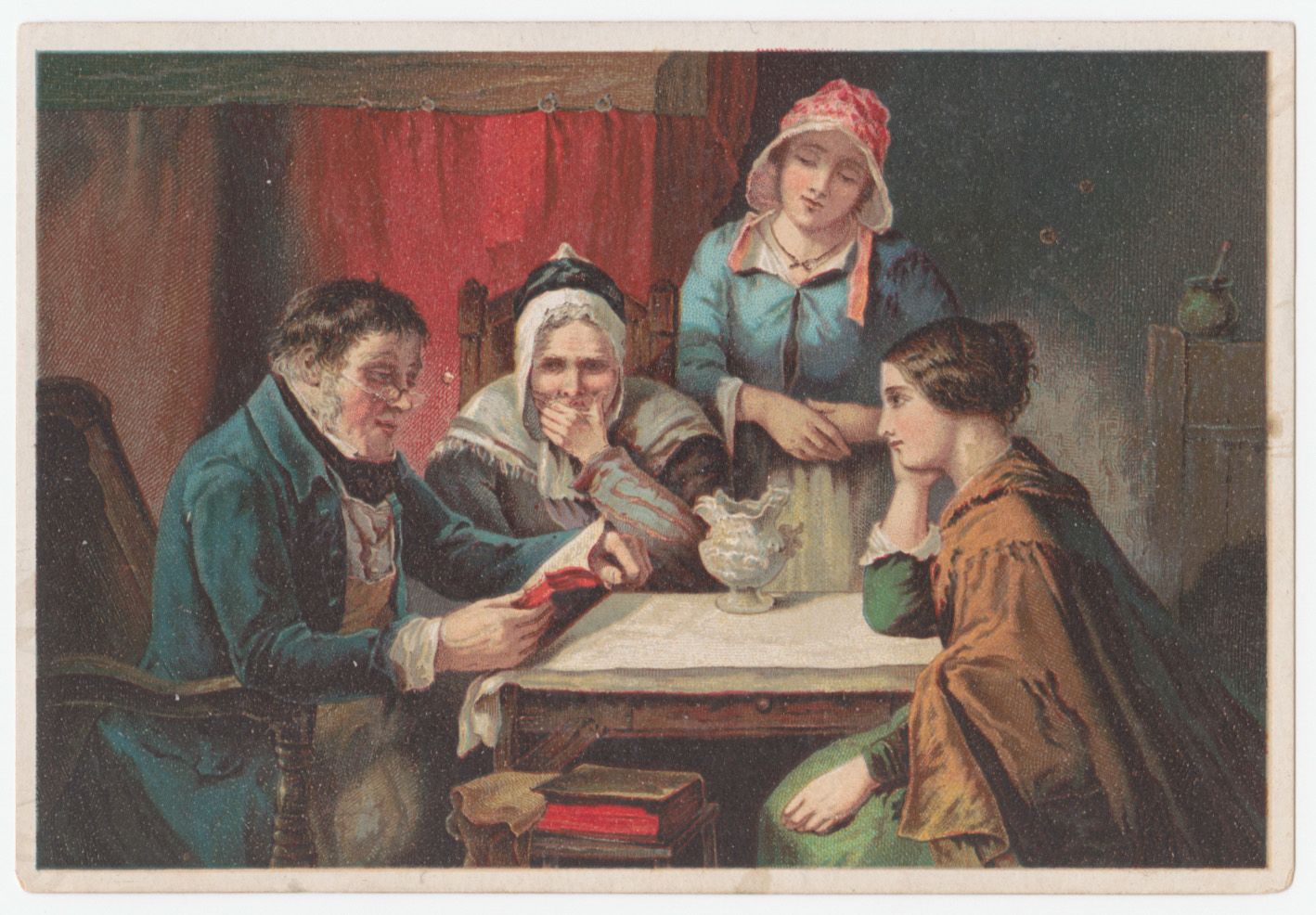 Trade card depicting group of people gathered at table