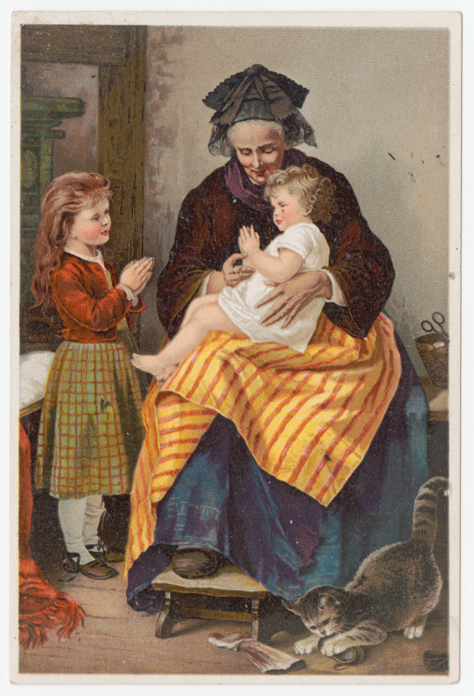 Trade card depicting children being taught their morning prayer by an older woman