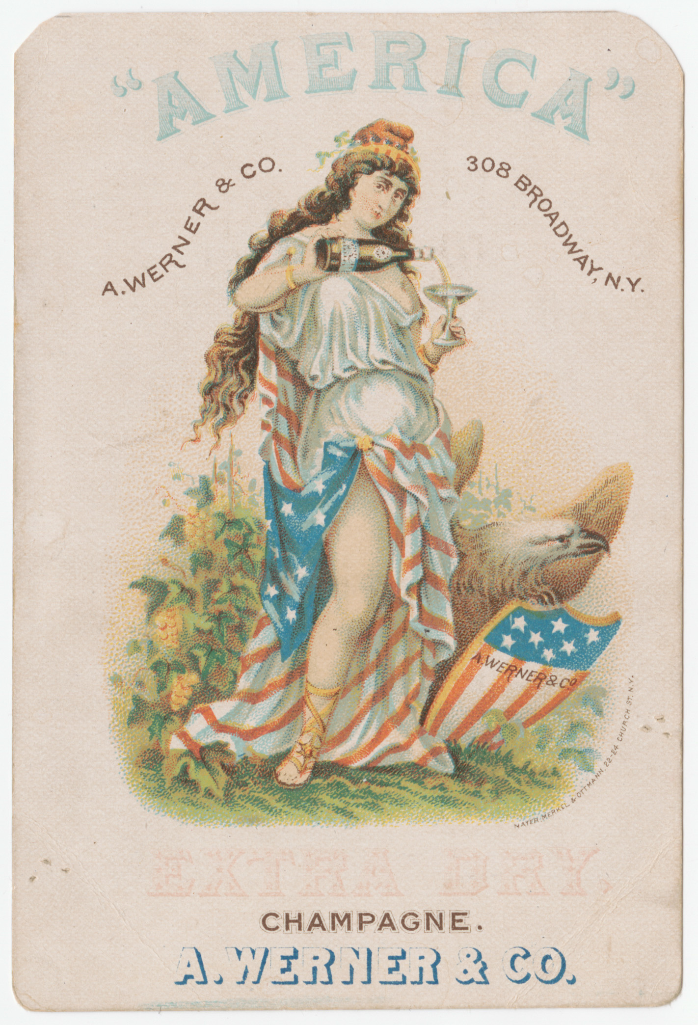 Extra Dry Champagne trade card, depicting woman as America