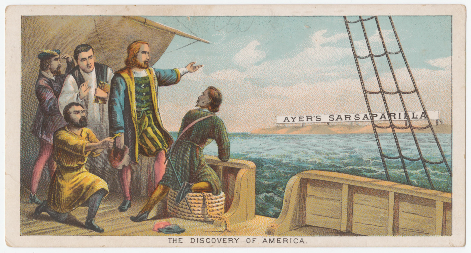 Trade card depicting Christopher Columbus on ship