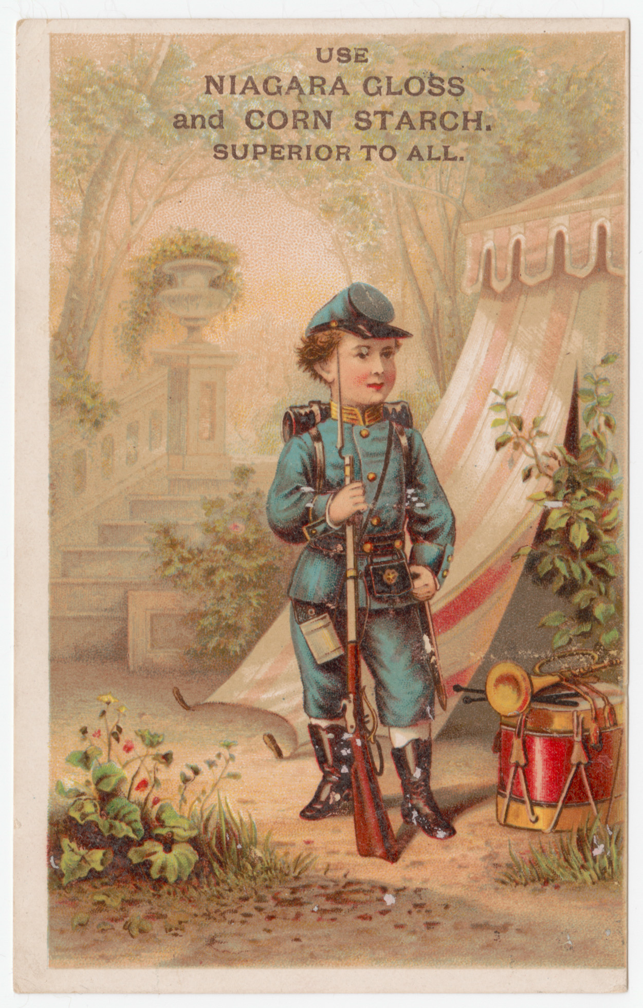 "Use Niagara gloss and corn starch" trade card, depicting Civil War soldier