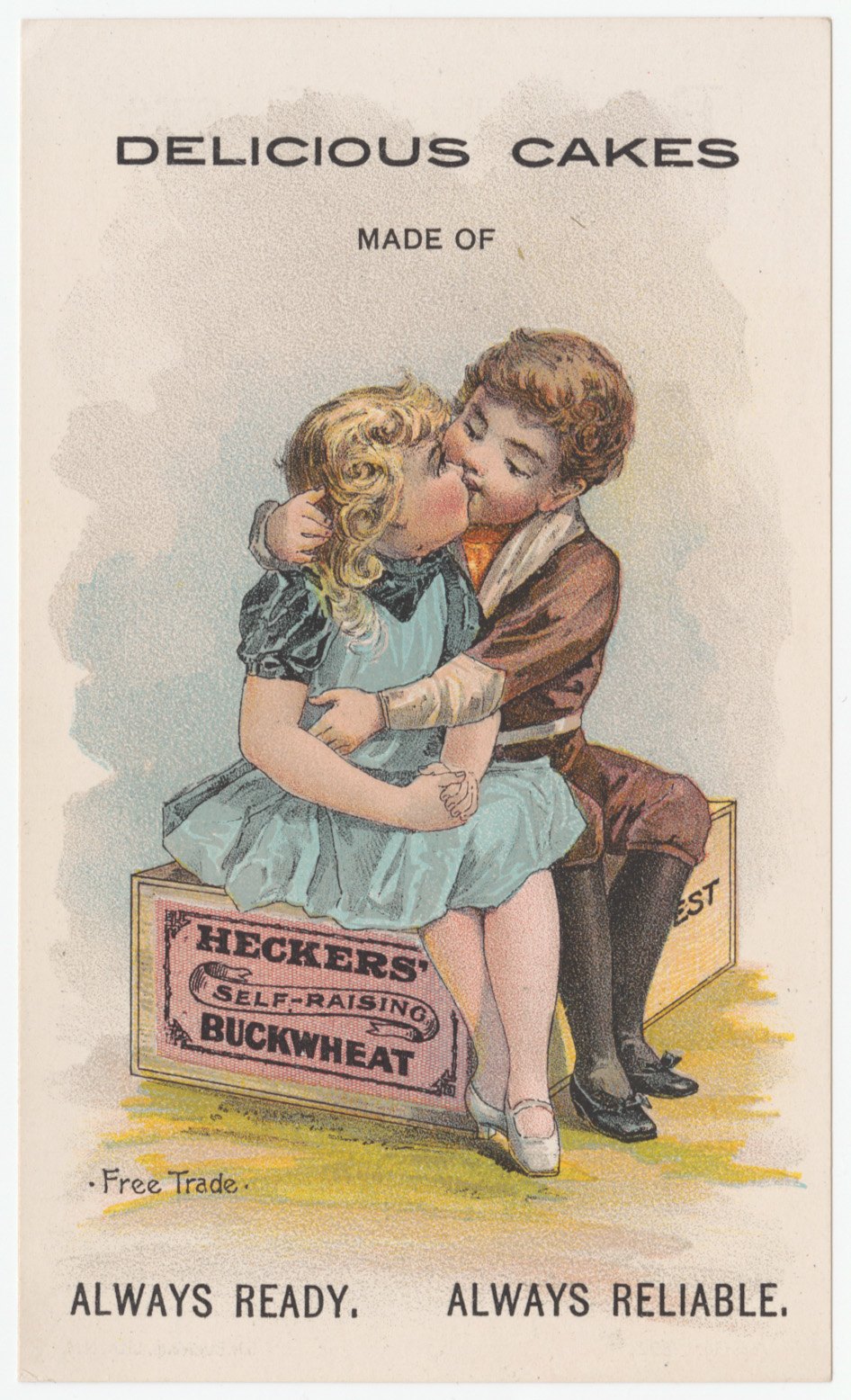 "Delicious cakes" trade card, depicting  two young children kissing