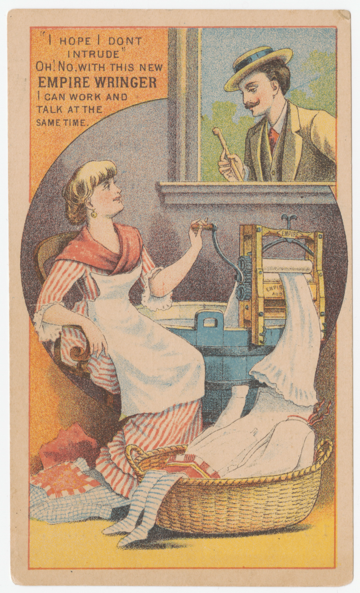 Trade card depicting woman doing laundry with man in window