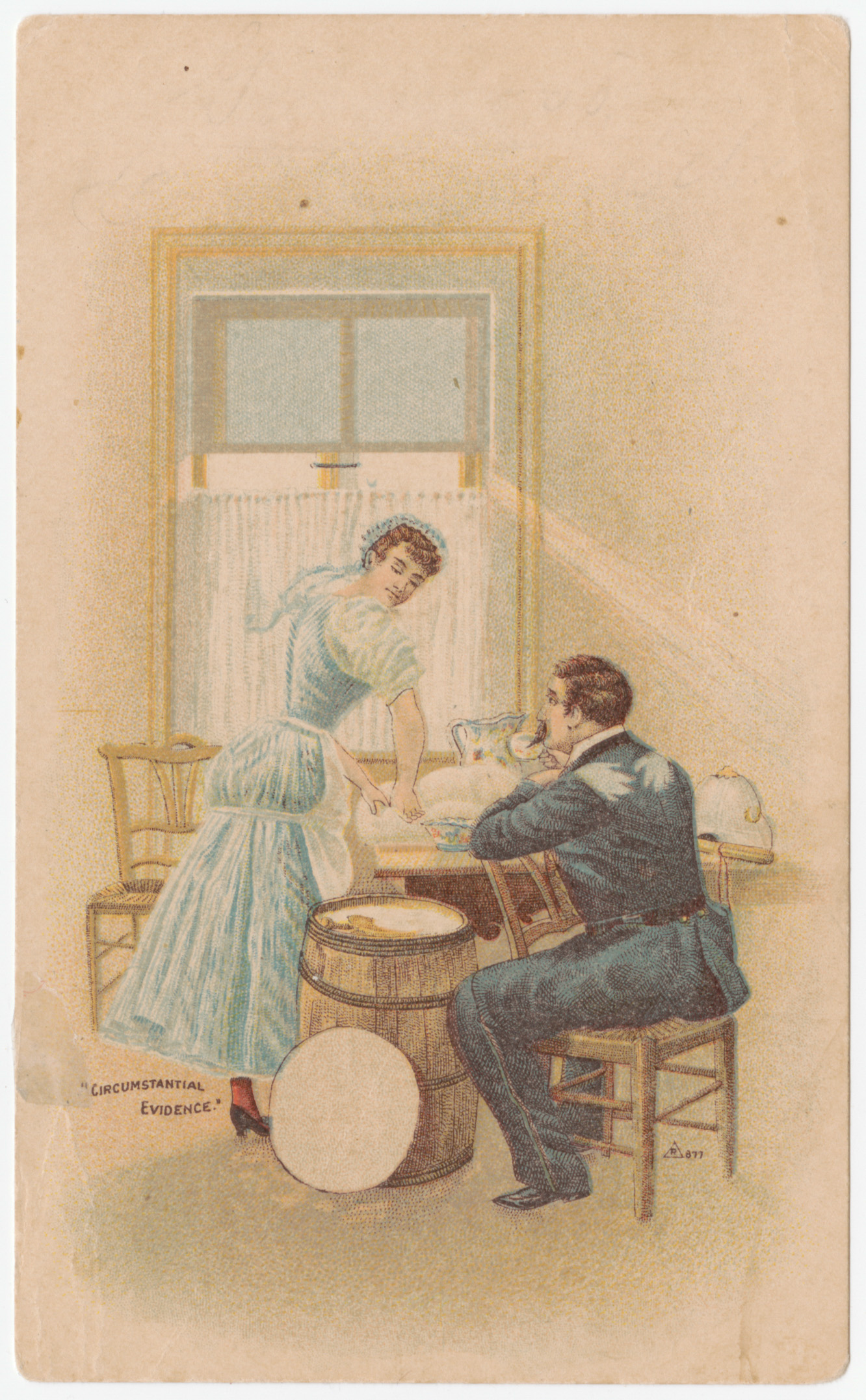 Trade card depicting woman doing housework while talking to man