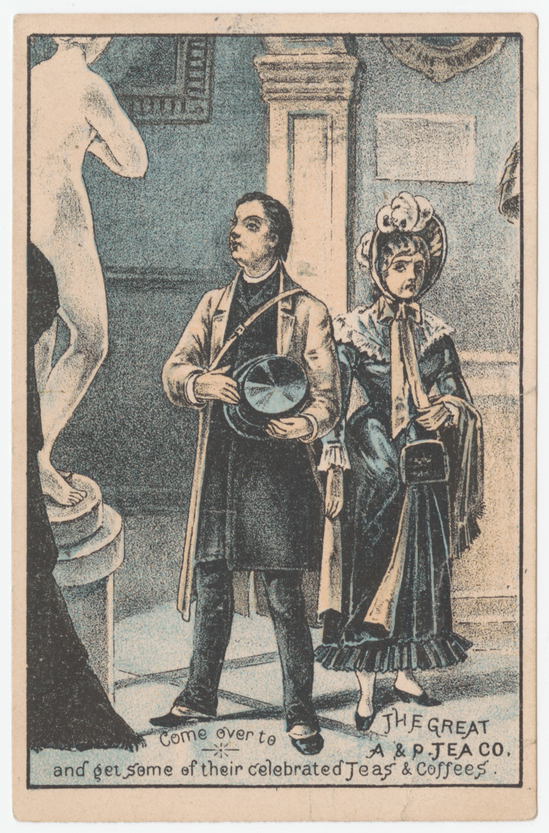 Trade card depicting man and woman in art gallery