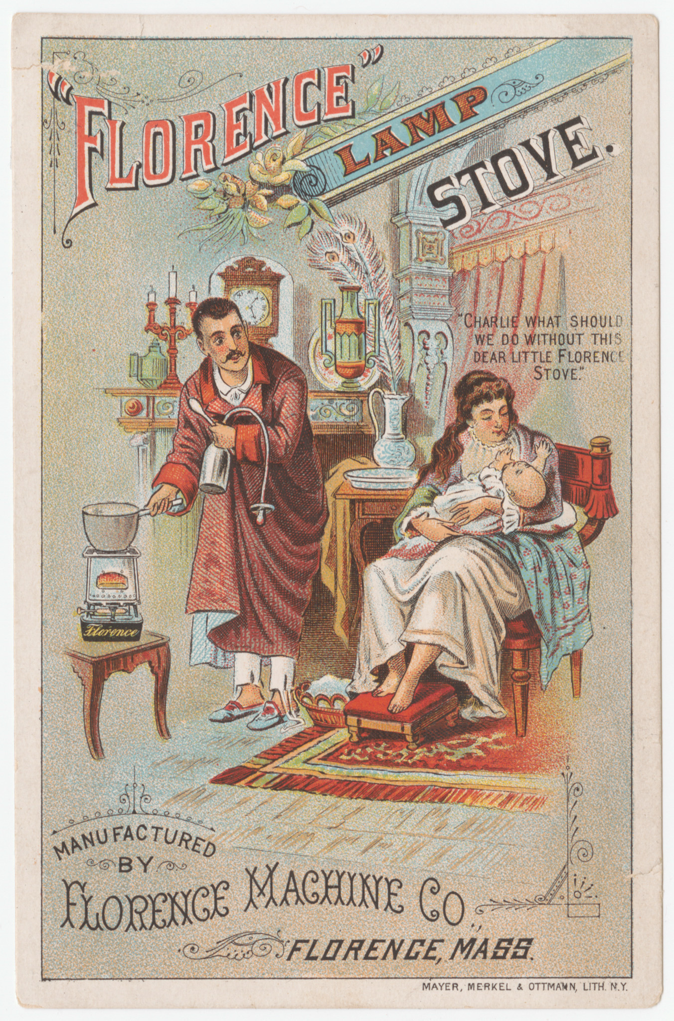 Florence Lamp Stove trade card depicting a family at home