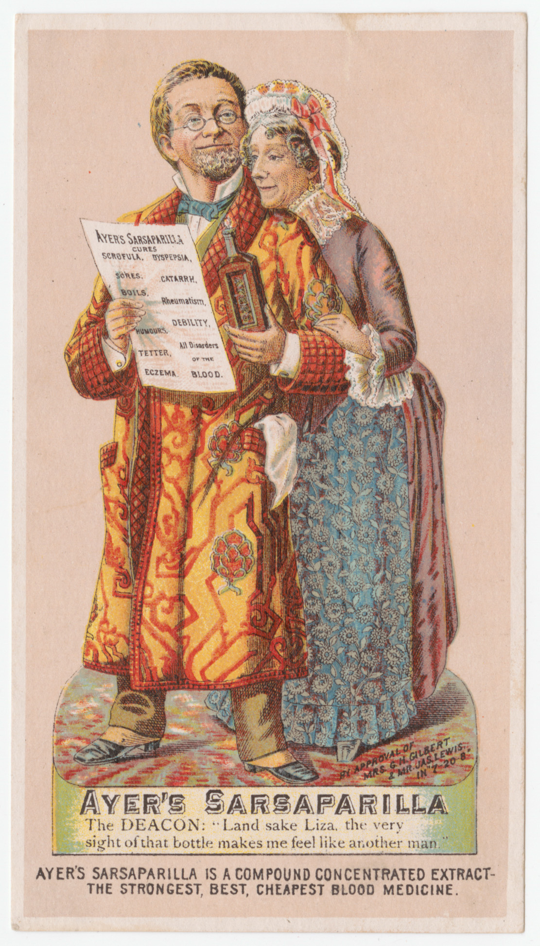 Trade card depictiing a deacon and his wife