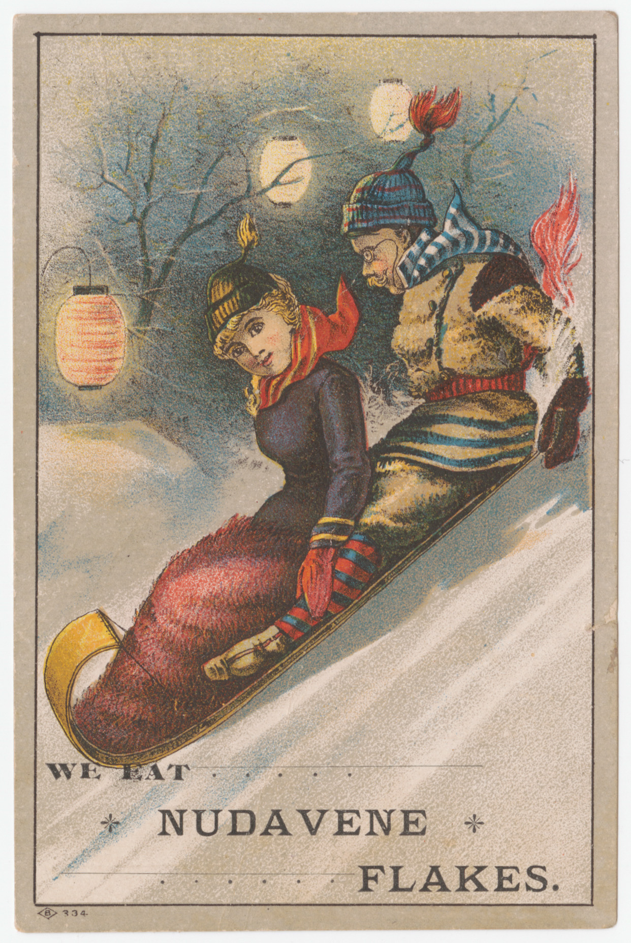 "We eat Nudavene Flakes" trade card, depicting a couple sledding downhill