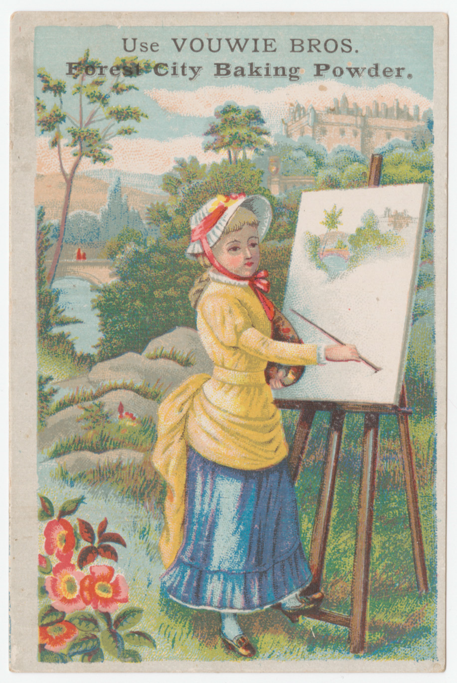 "Use Vouwie Bros. Forest City Baking Powder" trade card, depicting a young female painter