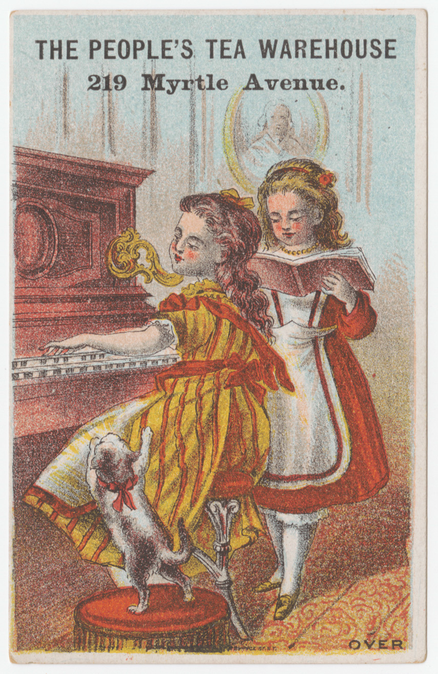 "The People's Tea Warehouse" trade card, depicting two young female musicians
