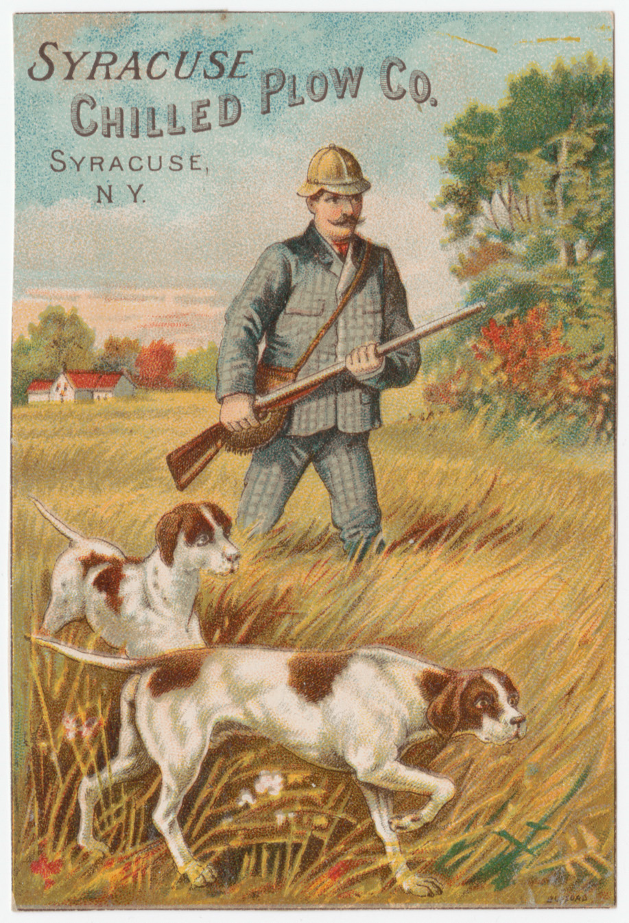 Syracuse Chilled Plow Co. trade card, depicting a hunter with a dog