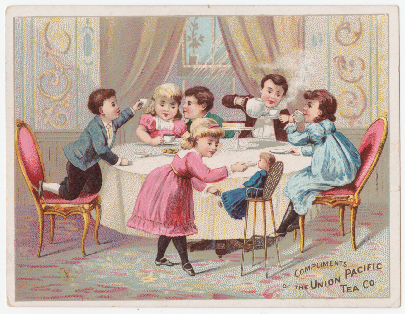 Union Pacific Tea Company trade card, depicting a children's tea party