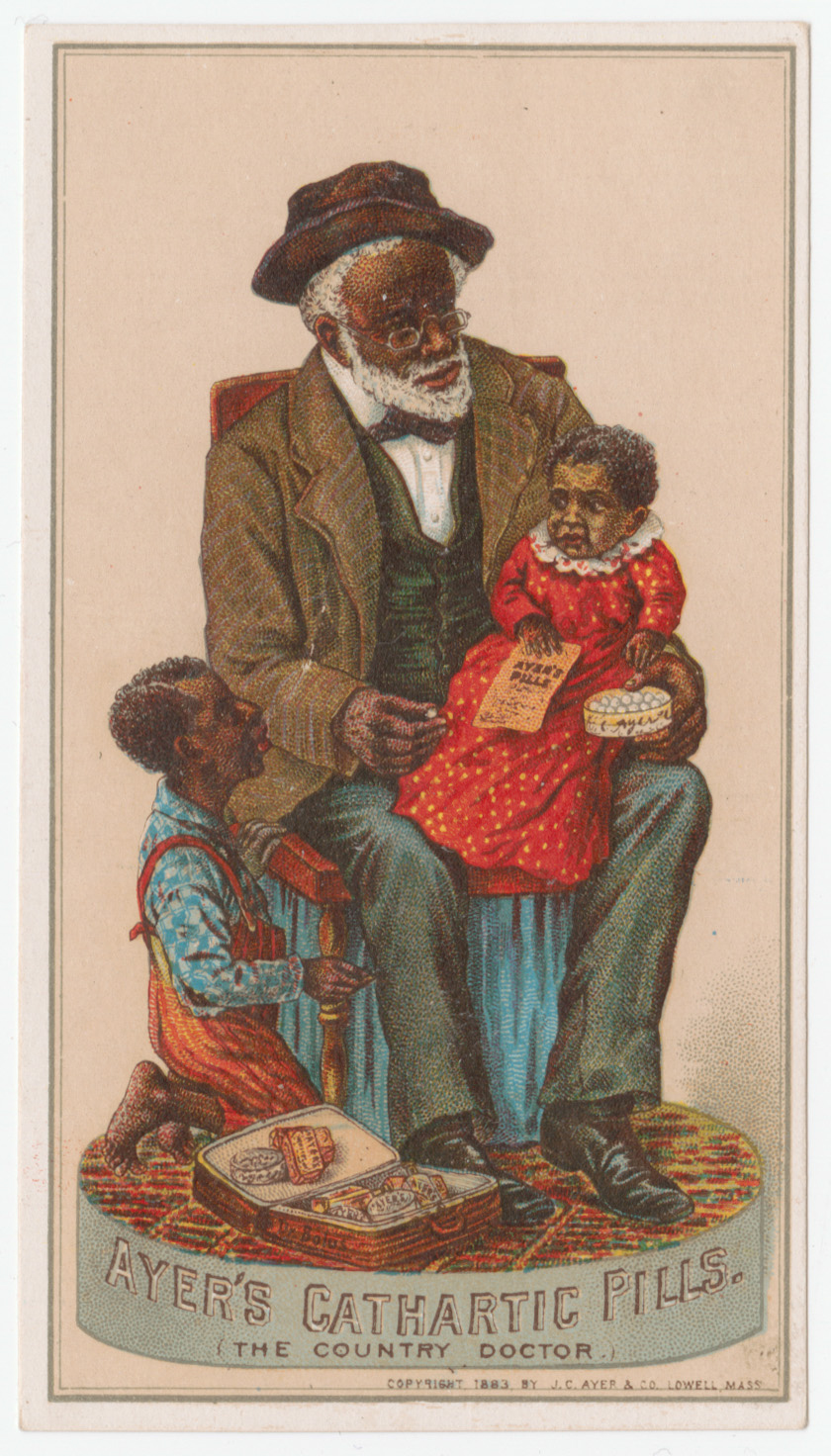 Ayer's Cathartic Pills trade card, depicting older black man with two children