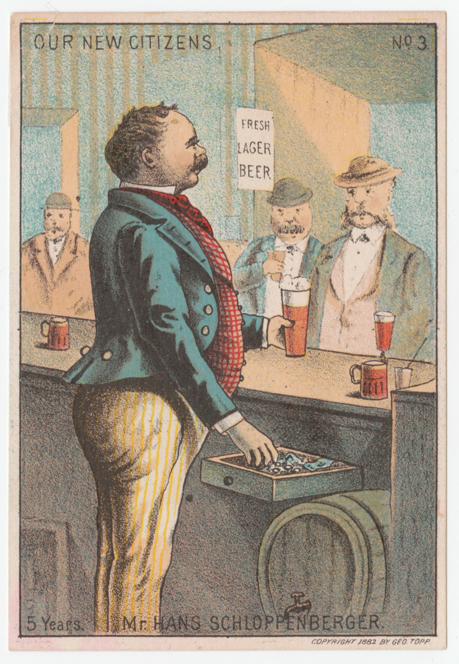 "Our new citizens" trade card, depicting a bartender