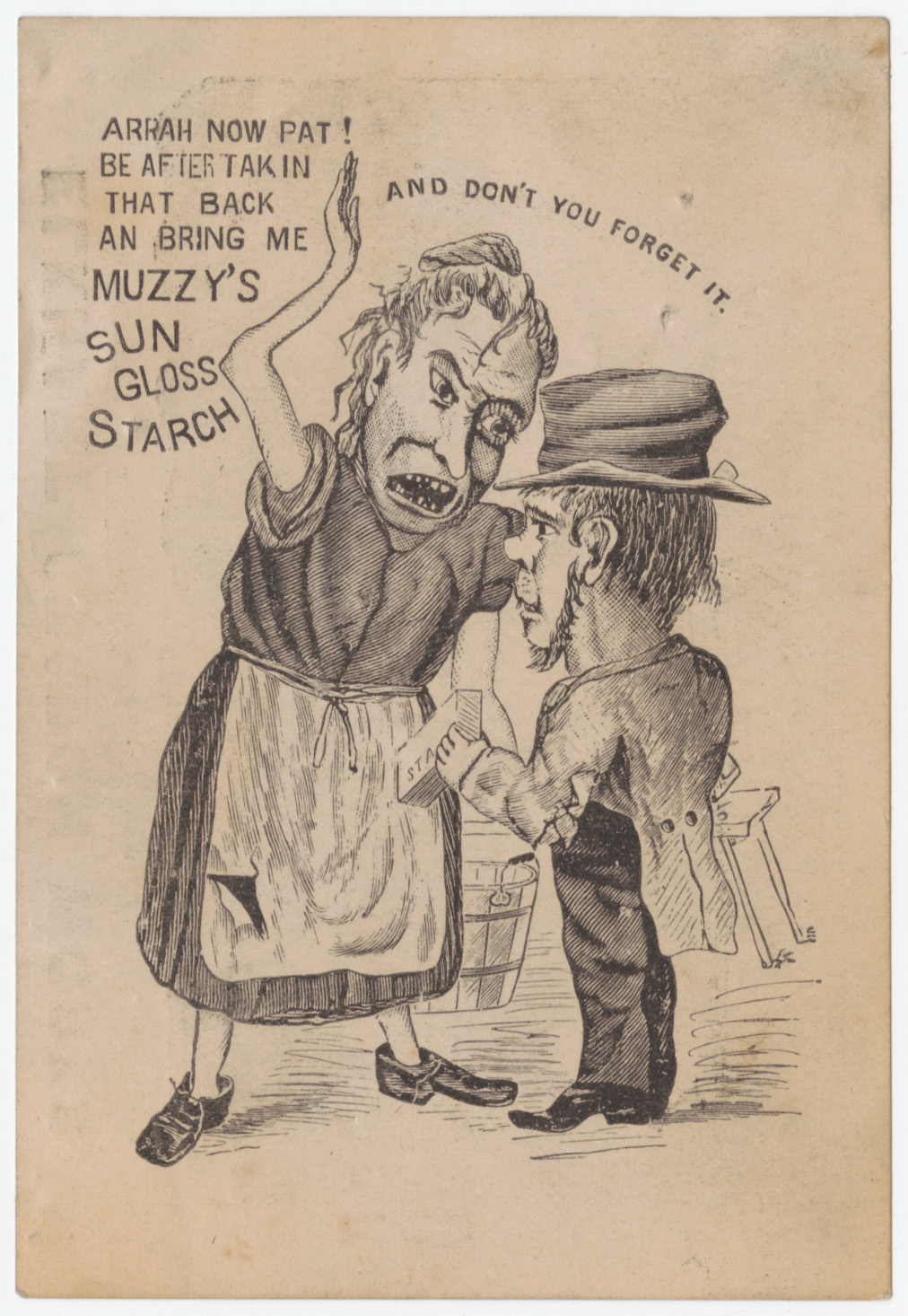 Trade card depicting "Pat the Irishman" with scolding wife