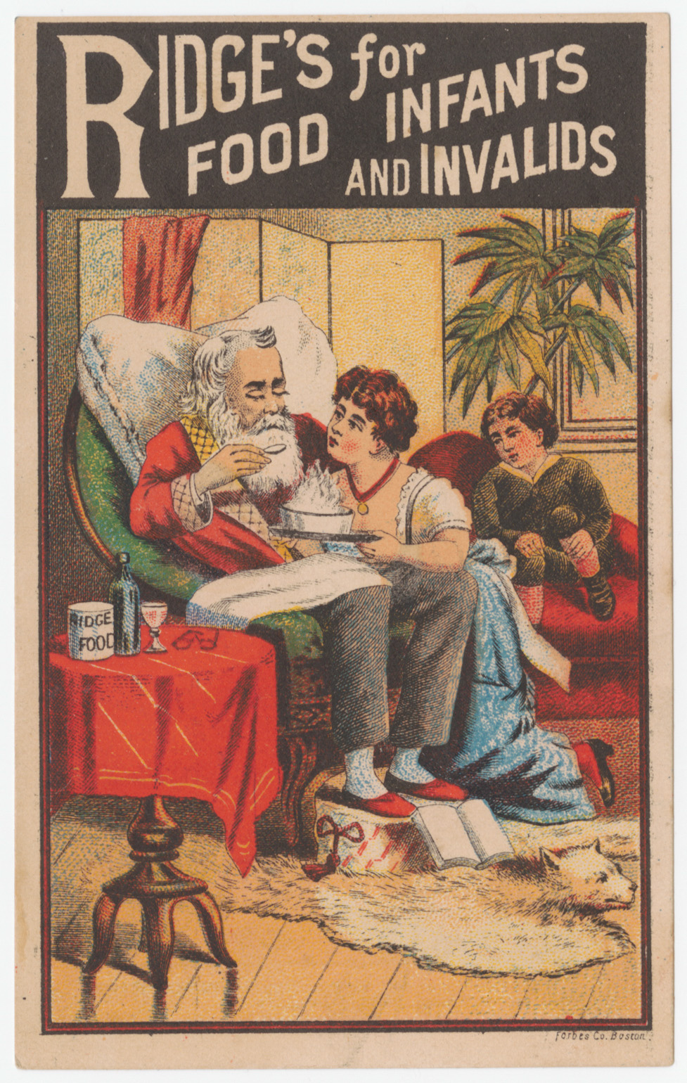 "Ridge's food for infants and invalids" trade card, depicting an old man with two children