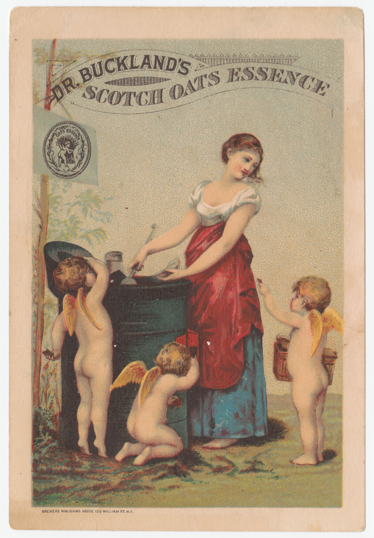 Dr. Buckland's Scotch Oats Essence trade card, depicting a woman with cherubs