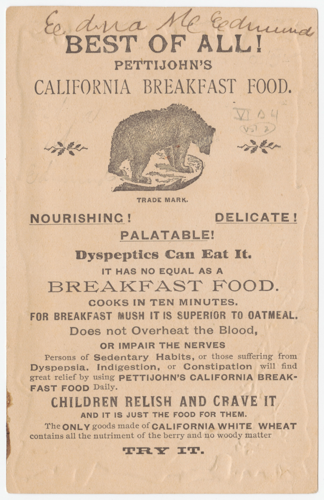 Pettijohn's California breakfast food trade card, depicting a bear