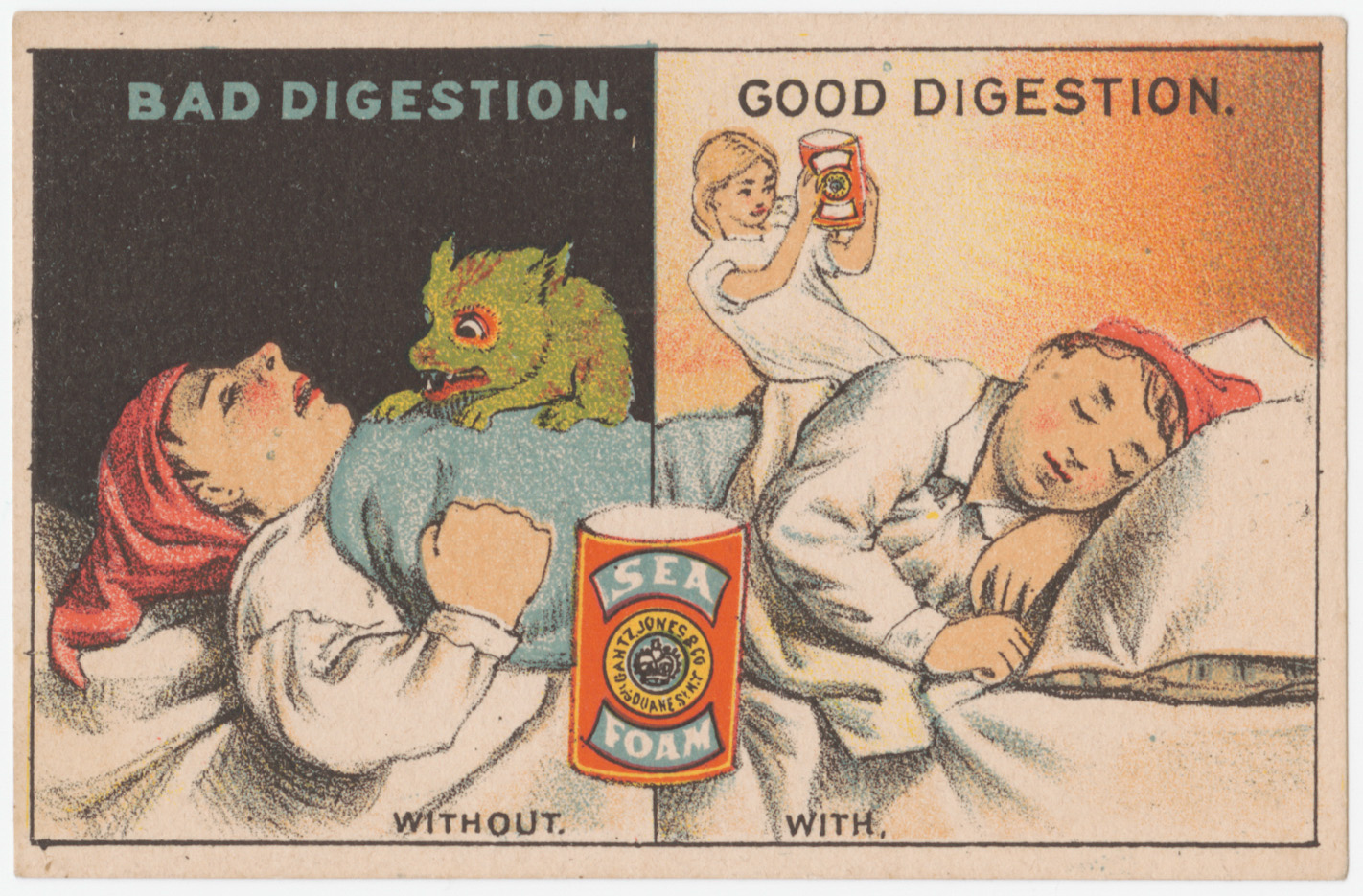 Trade card depicting bad digestion with a demon and good digestion with an angel 