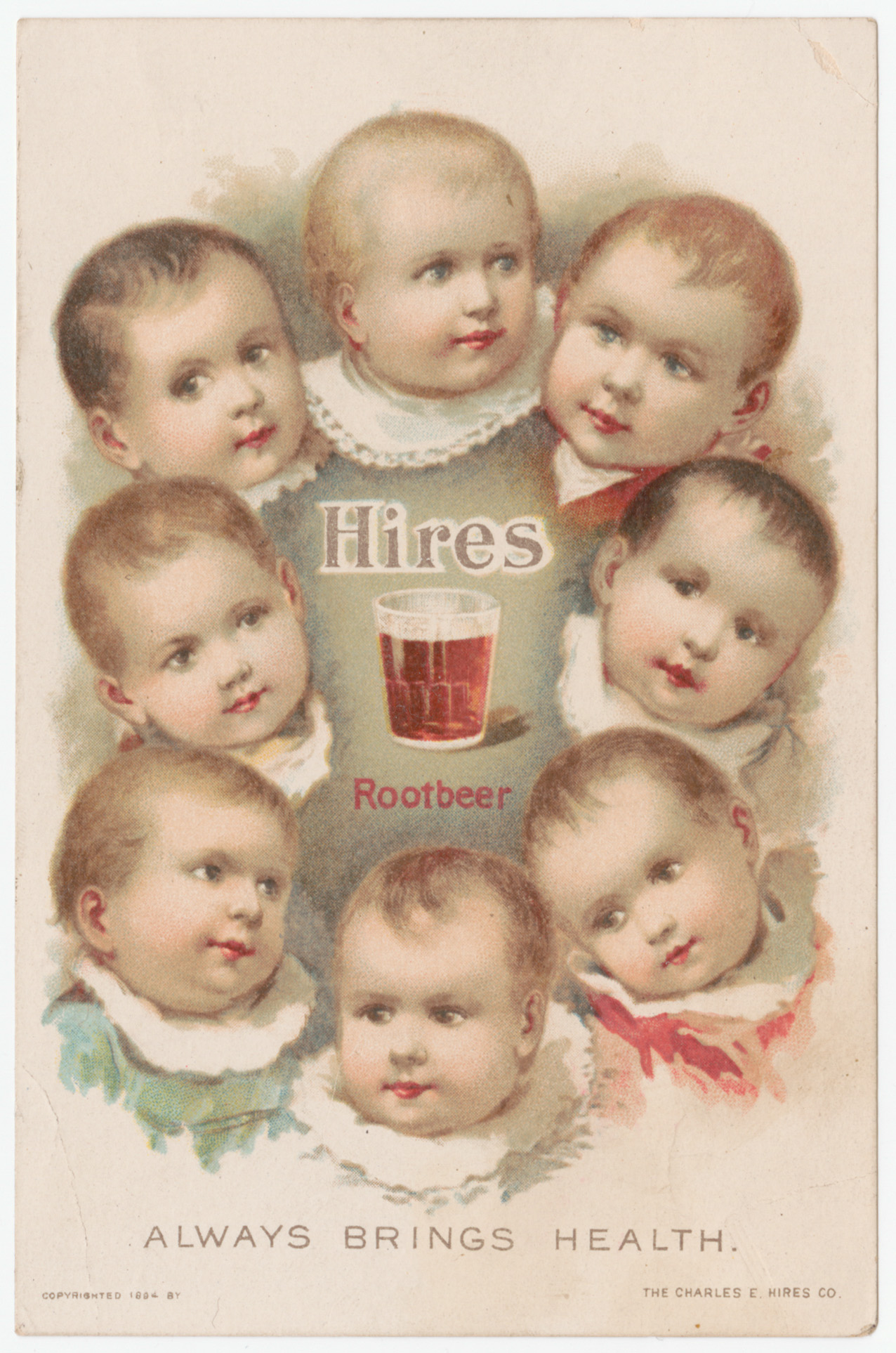 Trade card, depicting eight white babies with root beer glass