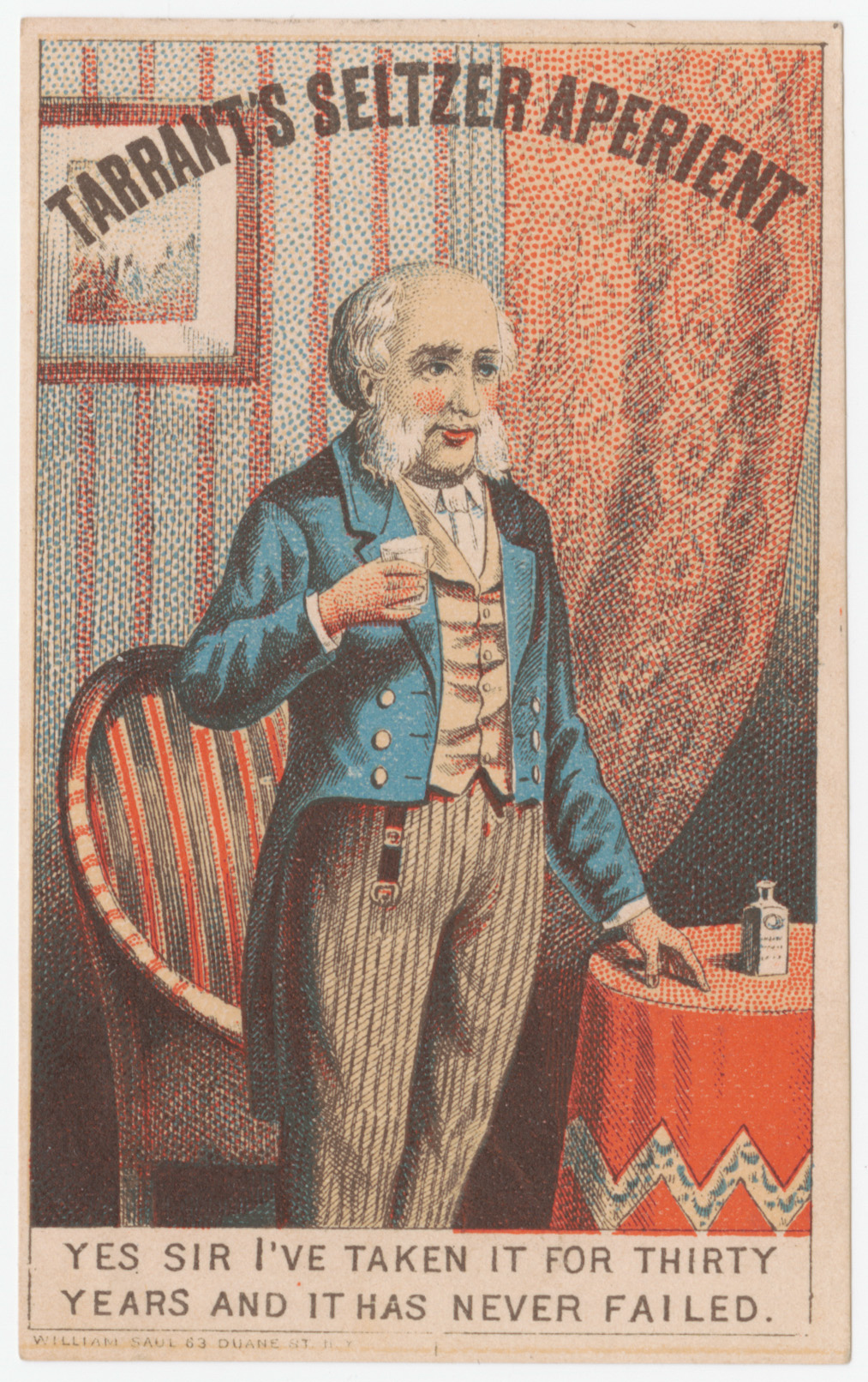 "Tarrant's seltzer aperient" trade card, depicting a man with a drink